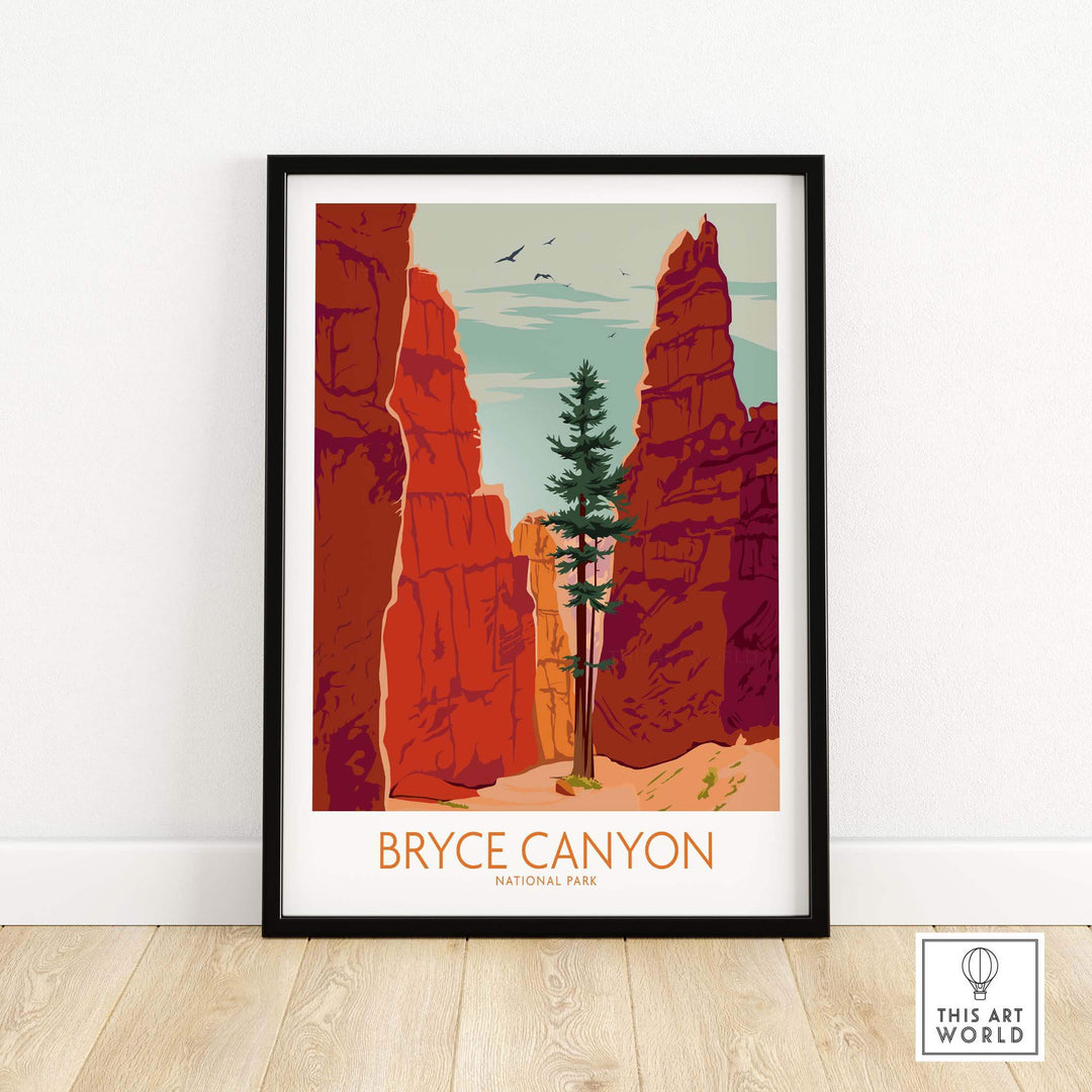 Bryce Canyon poster print showcasing stunning red rock formations and a tree, perfect for nature lovers and home décor.