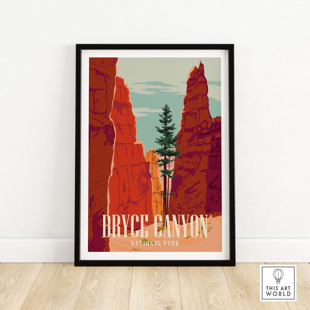 Vintage-style Bryce Canyon National Park print showcasing towering red rock formations and a green pine tree.