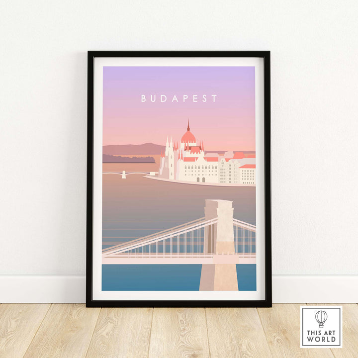 Budapest Print Wall Art Poster featuring the iconic Danube River view and historic architecture in pastel colors.