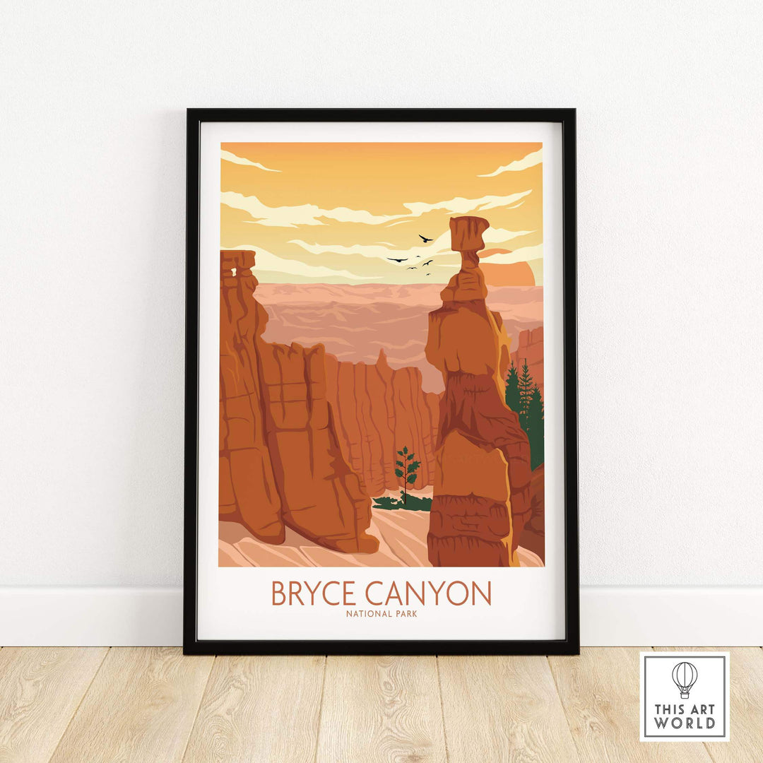 Bryce Canyon National Park art print in a minimalist style featuring orange and earthy tones.