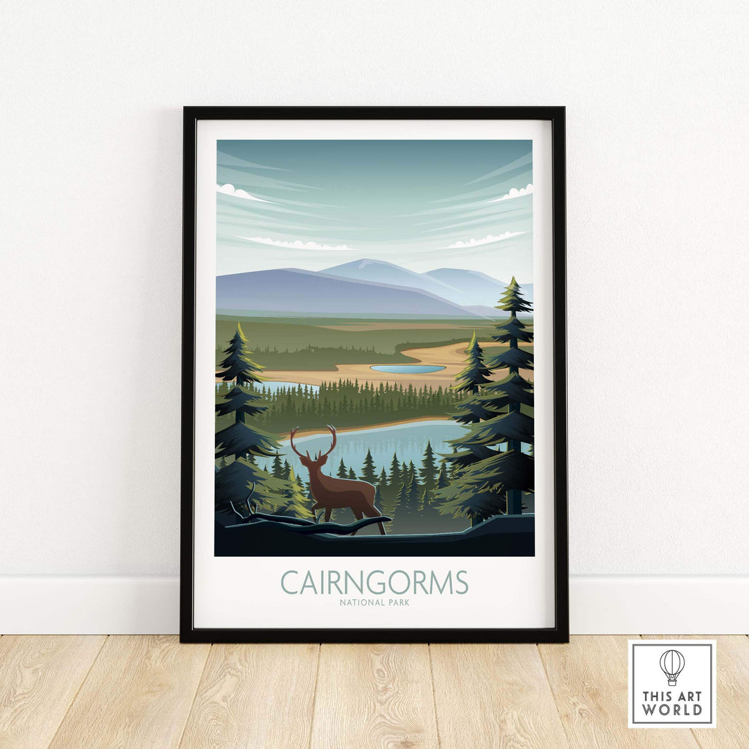 Cairngorms National Park art print featuring a scenic landscape with stag and mountains.