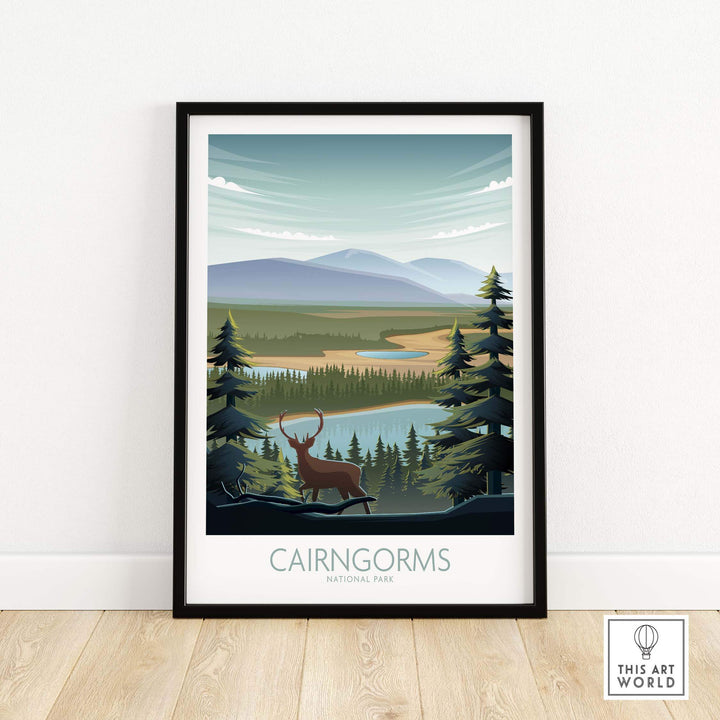 Cairngorms National Park art print featuring a scenic landscape with stag and mountains.