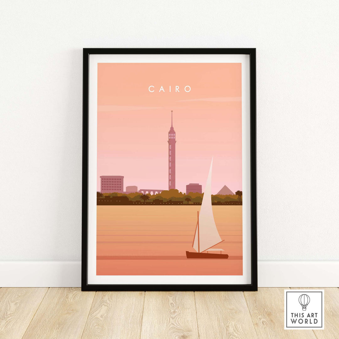 Cairo Print Wall Art Poster featuring a vintage design with a sailboat and iconic Cairo skyline.