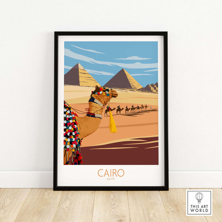 Cairo Egypt poster featuring a camel and pyramids, inspired by vintage travel art in minimalist style.