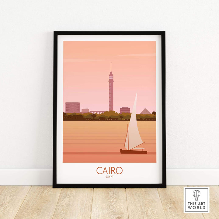 Cairo travel poster print featuring sailboat on the Nile and iconic tower, in warm pastel colors.