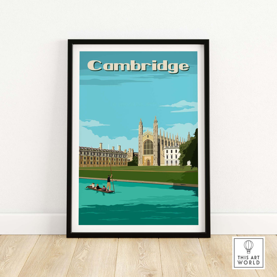 Vintage Cambridge poster print featuring King's College and the river, perfect for home or office decor.