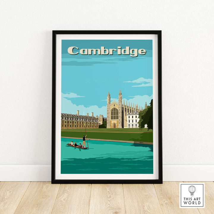 Vintage Cambridge poster print featuring King's College and the river, perfect for home or office decor.