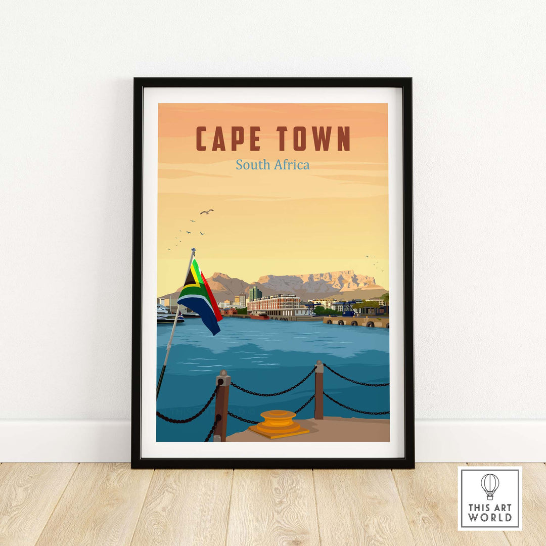 Cape Town Travel Poster Print featuring Table Mountain and South African flag in a minimalist frame by This Art World.