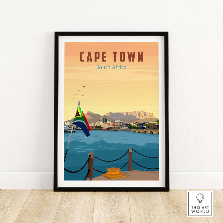 Cape Town Travel Poster Print featuring Table Mountain and South African flag in a minimalist frame by This Art World.