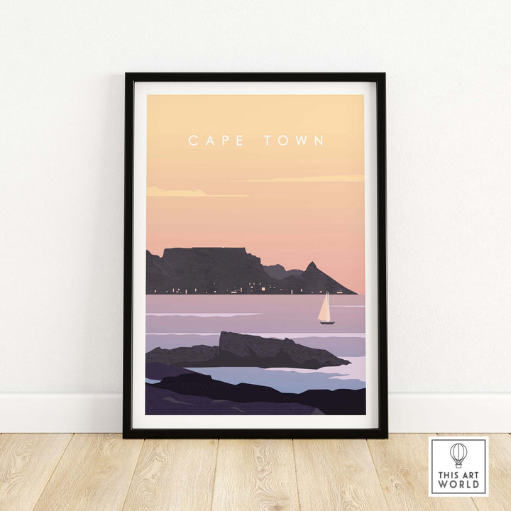 Cape Town Print Wall Art Poster featuring a vintage-inspired landscape with Table Mountain and a sailing boat.