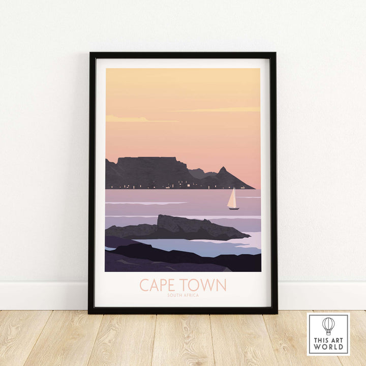 Cape Town Poster Print featuring Table Mountain and sailing boat in vintage art style, framed artwork.