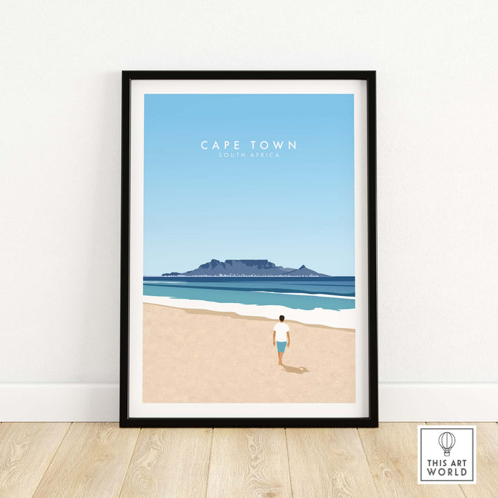 Cape Town print featuring a beach scene and Table Mountain, framed artwork from This Art World, perfect for travel lovers.
