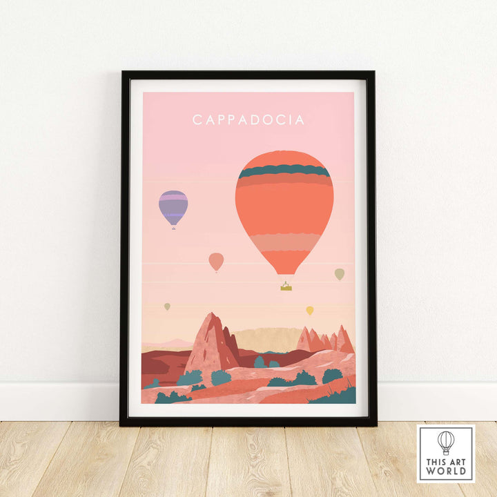 Cappadocia Print Wall Art Poster featuring colorful hot air balloons over scenic landscapes.