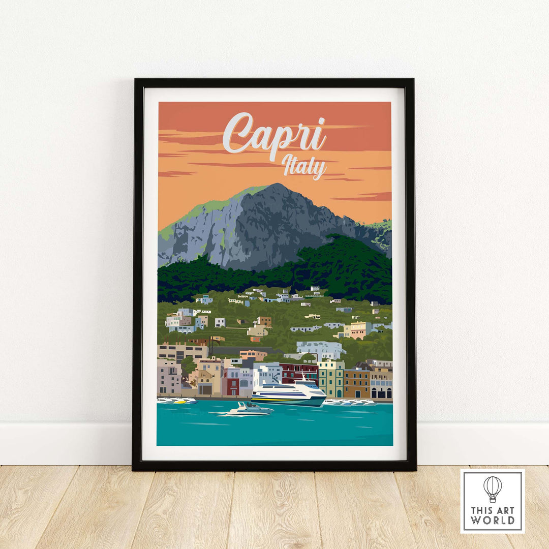 Capri Italy poster print featuring vibrant landscape, framed wall art inspired by vintage travel posters.