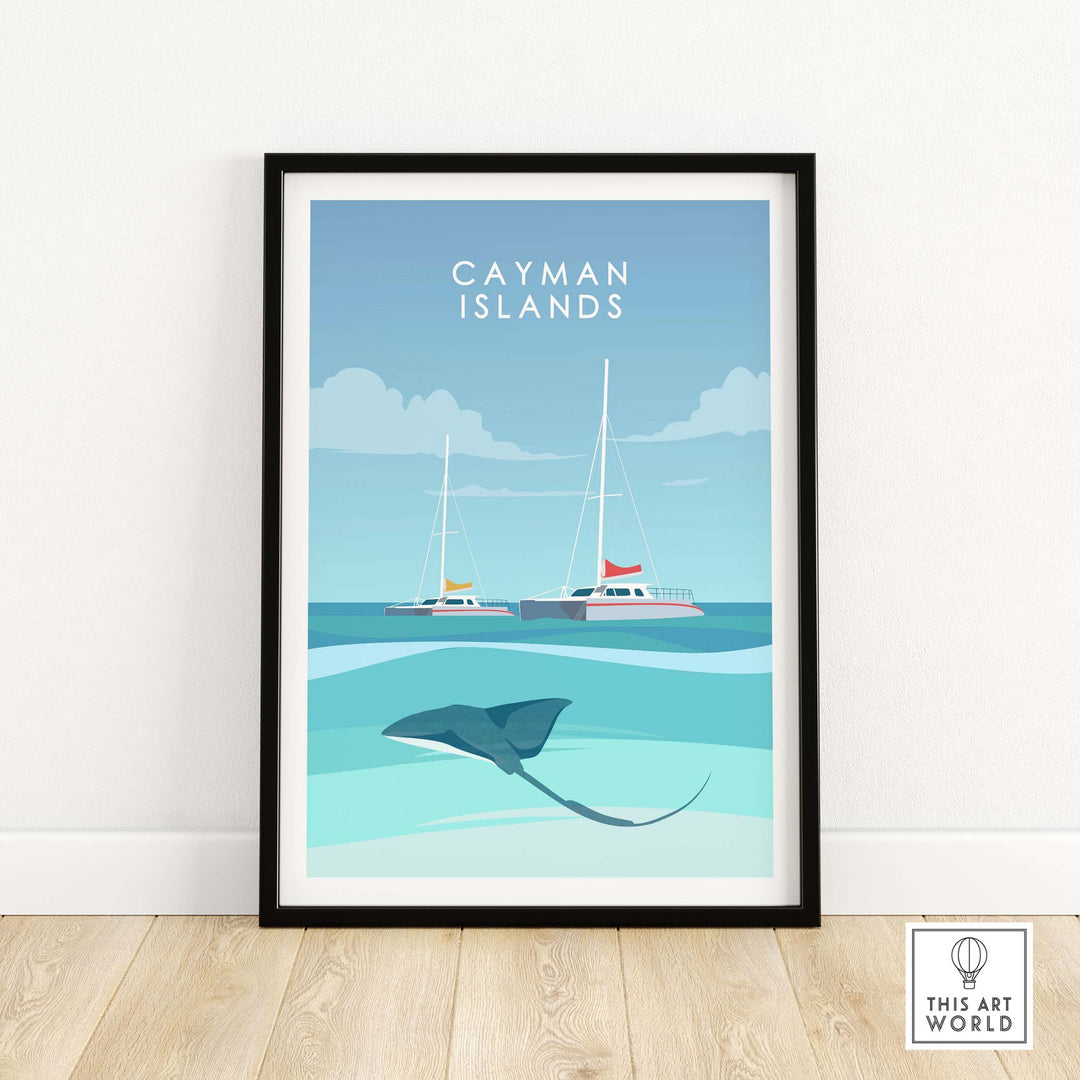 Cayman Islands Poster Print featuring a stingray and sailboats, vibrant Caribbean colors for home or office decor.