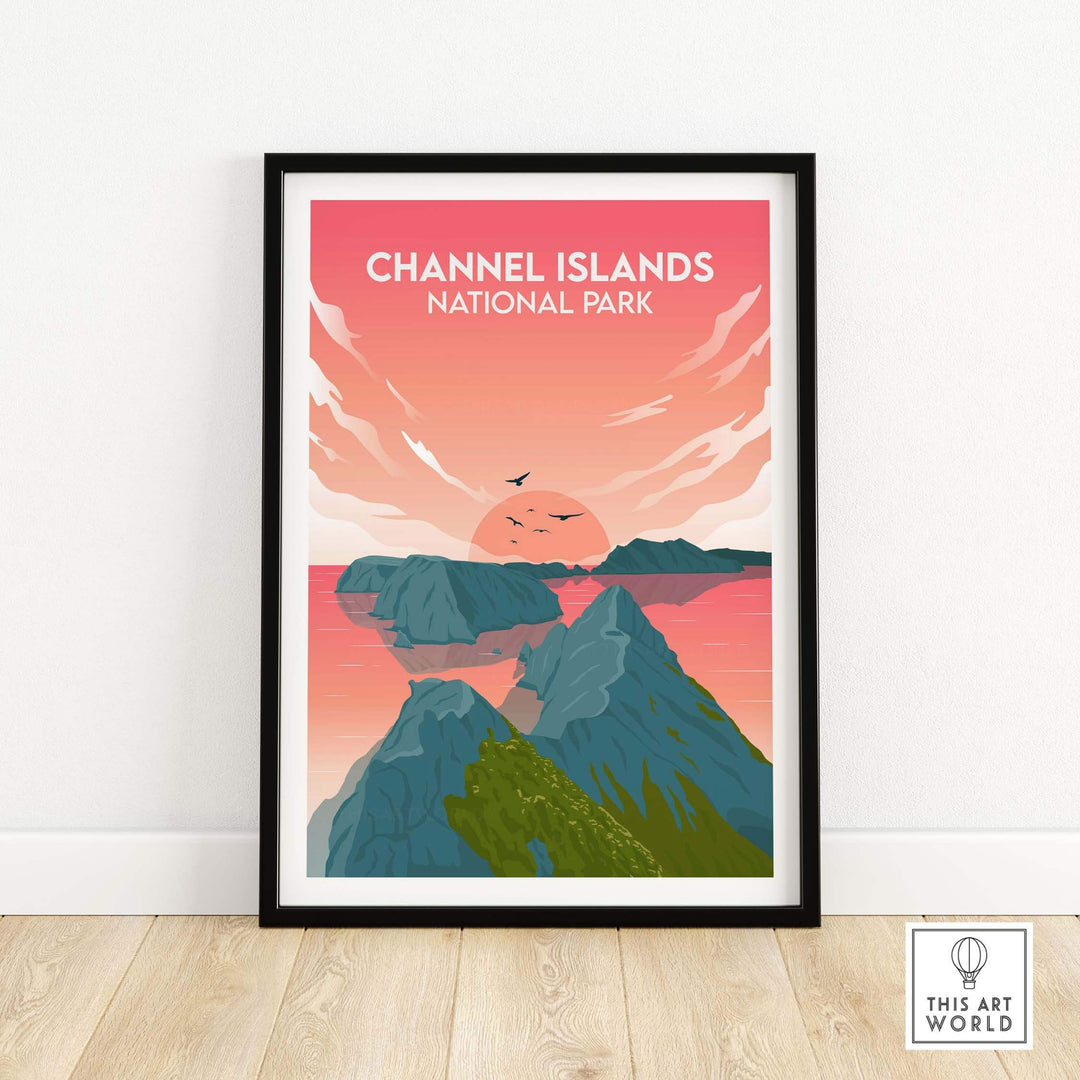 Channel Islands National Park poster featuring minimalist design, vibrant sunset, and scenic coastal landscape.