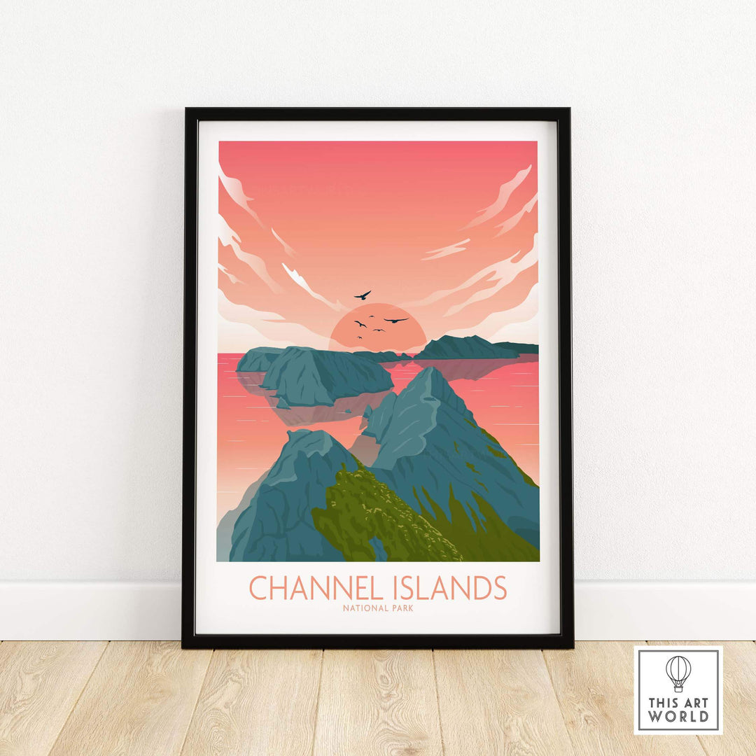 Channel Islands National Park minimalist poster featuring vibrant sunset and mountains, perfect for home or office decor.