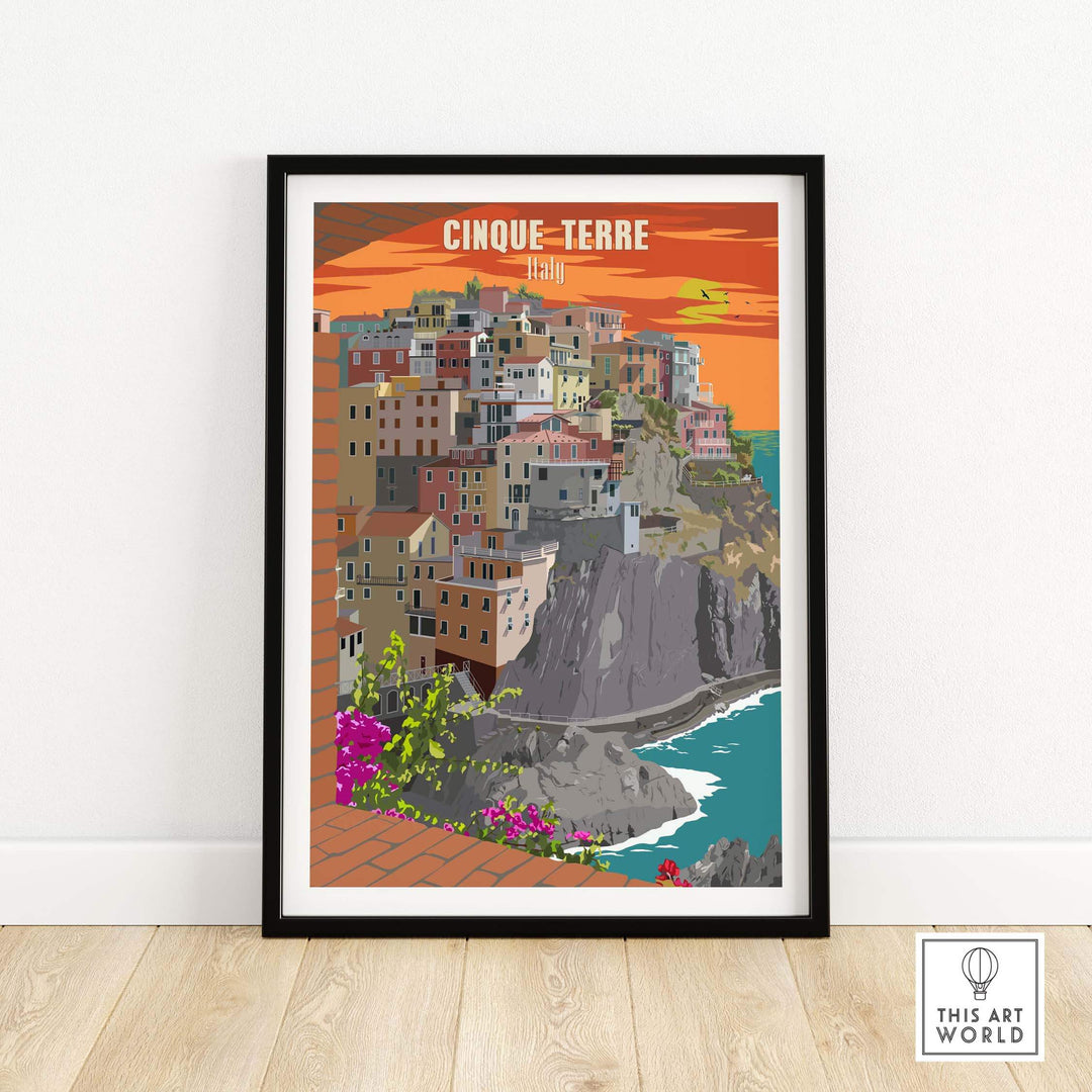 Framed Cinque Terre Italy poster print wall art featuring colorful vintage-style illustration of coastal village.