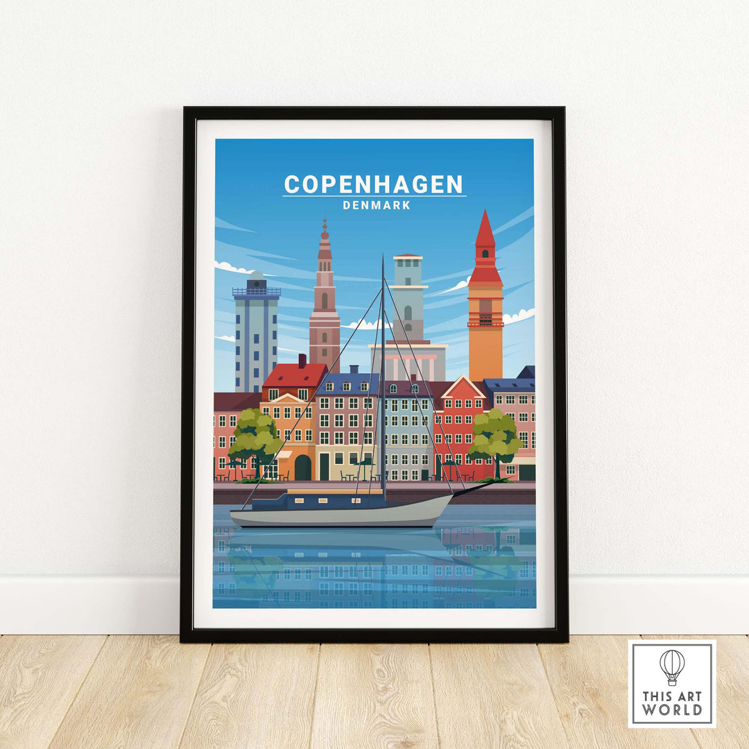 Copenhagen Print in a stylish frame, featuring colorful buildings and a boat on the water, perfect for travel-inspired decor.