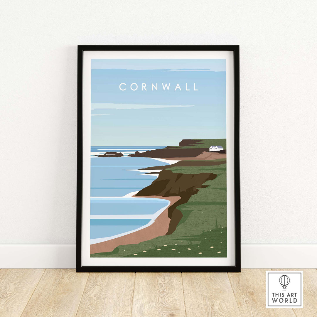 Cornwall Print Wall Art Poster featuring beautiful coastal landscape inspired by vintage travel art.