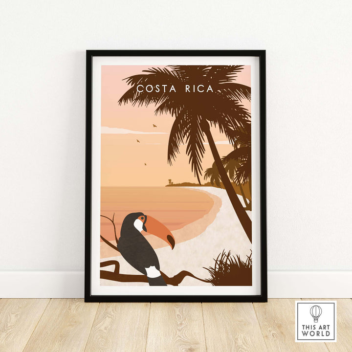 Costa Rica print wall art poster featuring a toucan and tropical scenery in warm sunset colors.