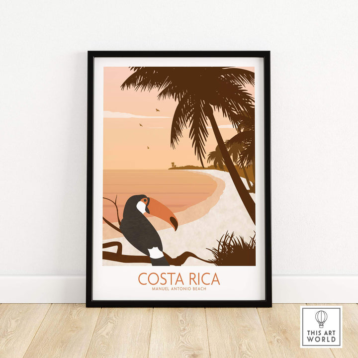 Costa Rica Print Poster featuring a toucan and tropical beach scene in warm tones, perfect for home decor.