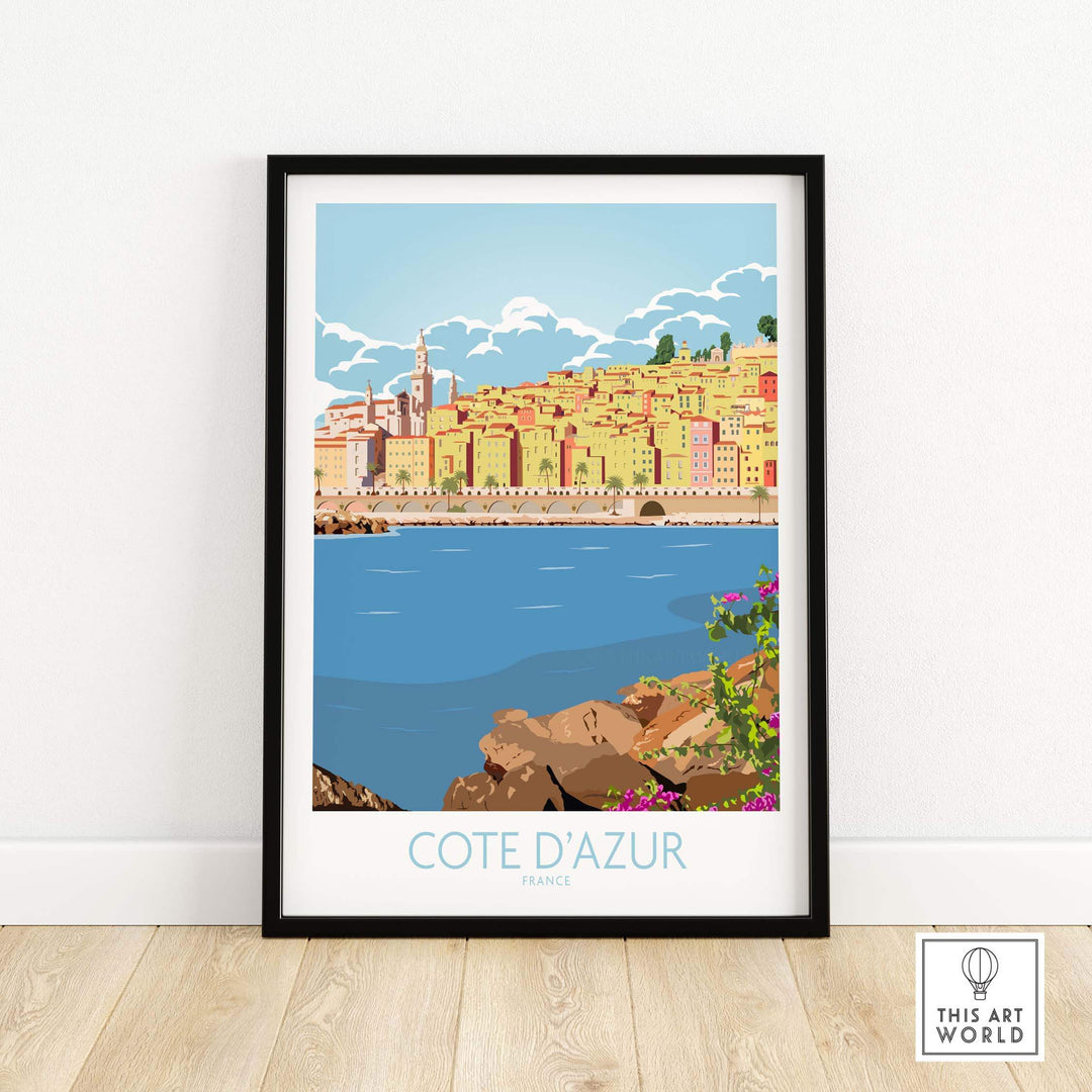 Cote d'Azur print poster showcasing vibrant coastal scenery and vintage travel art style.
