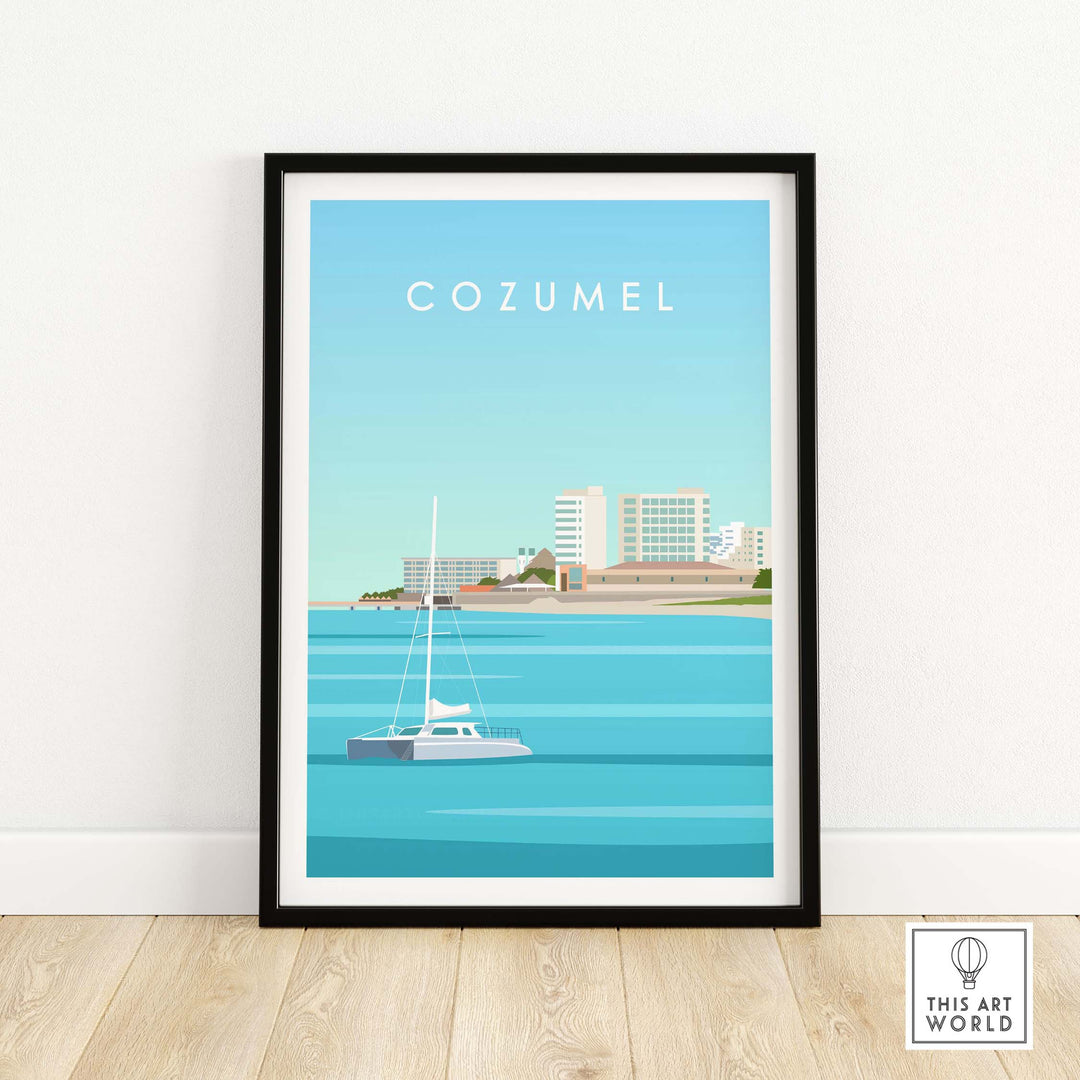 Cozumel art print featuring a boat and city skyline, inspired by vintage travel posters.