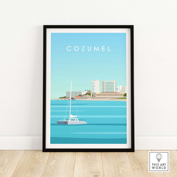 Cozumel art print featuring a boat and city skyline, inspired by vintage travel posters.