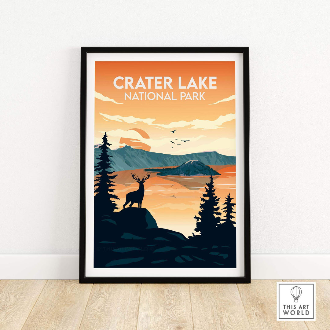Crater Lake National Park poster featuring scenic nature and silhouette of a deer in a minimalist design.