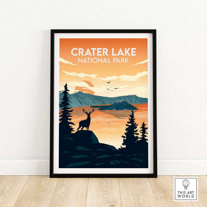 Crater Lake National Park poster featuring scenic nature and silhouette of a deer in a minimalist design.