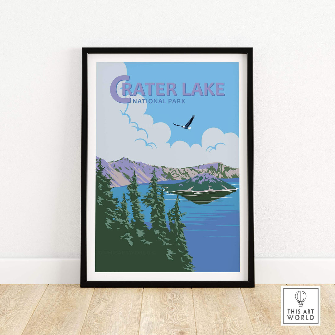 Framed Crater Lake National Park Print featuring vintage style artwork of the lake and surrounding landscape.