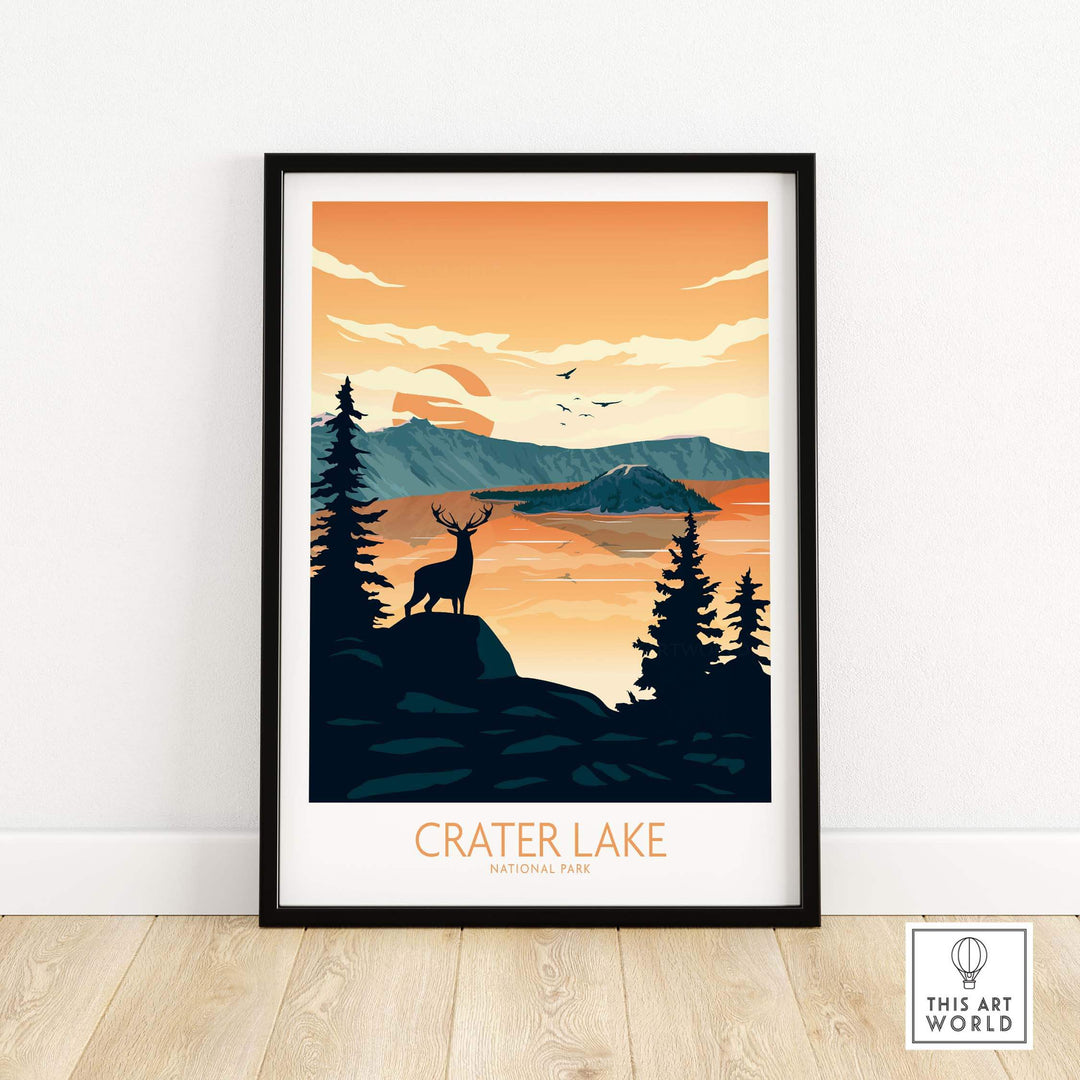 Crater Lake National Park poster art print featuring a deer silhouette against a sunset landscape.