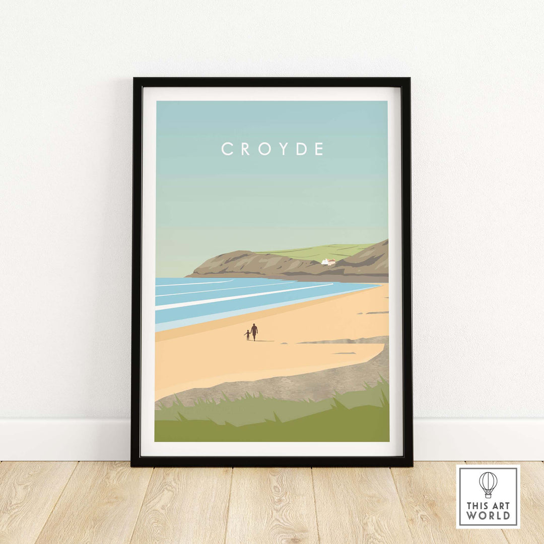 Croyde Poster Print Wall Art featuring a beach scene with two people, framed and ready to enhance your interior decor.