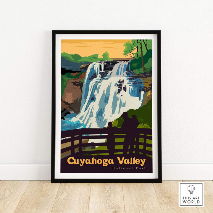 Cuyahoga Valley National Park poster featuring a waterfall and vibrant outdoor scenery, perfect for home decor.