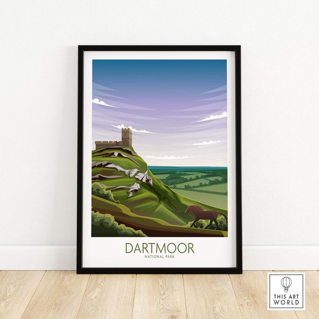 Dartmoor National Park poster in modern minimalist style featuring scenic landscape and castle.