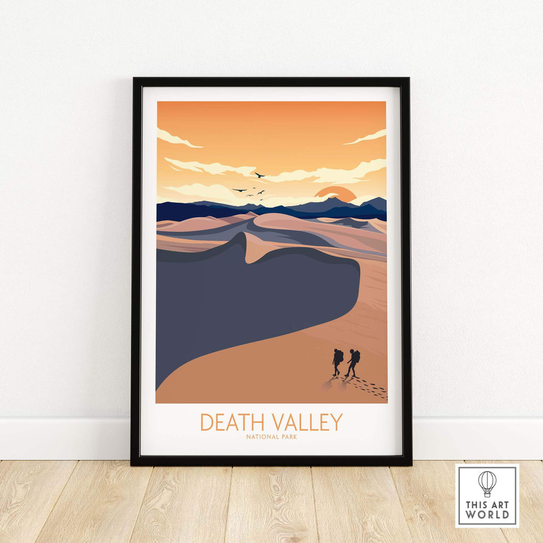 Death Valley National Park minimalist art print featuring hikers in a desert landscape with vibrant sunset colors.