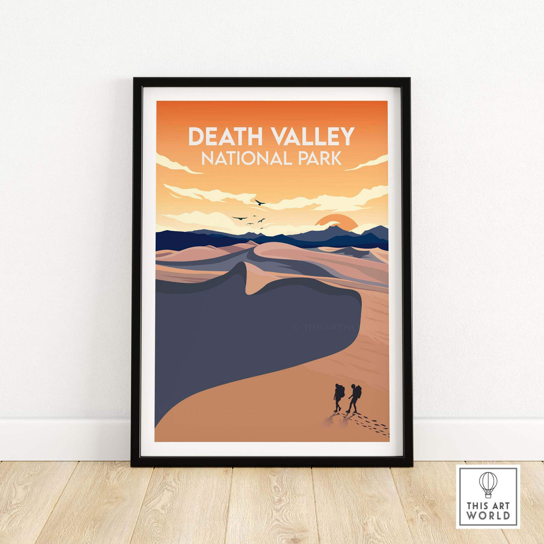 Death Valley National Park print in a minimalist style, featuring hikers in a desert landscape with sunset hues.