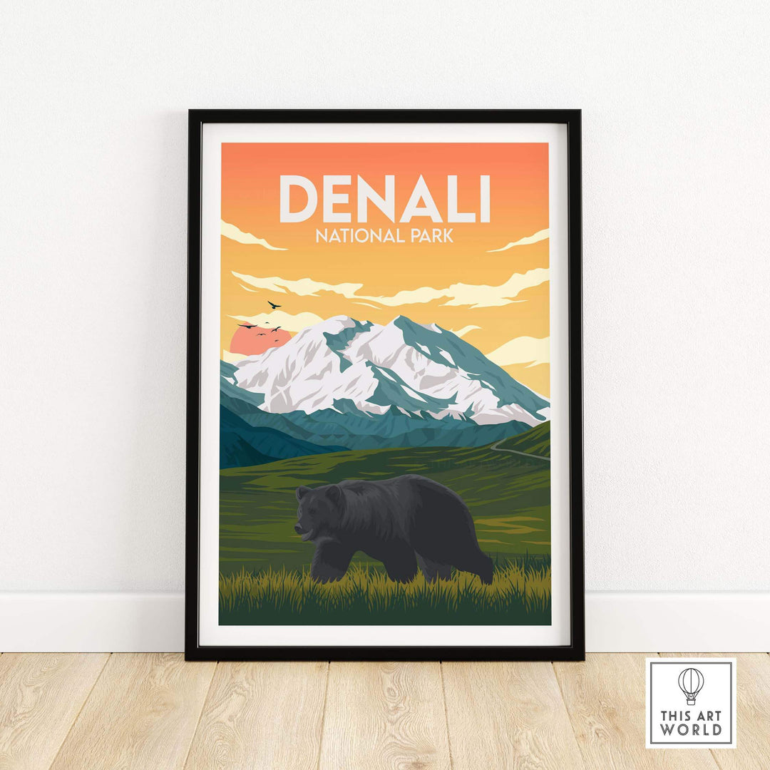 Framed Denali National Park poster featuring a bear and mountains, showcasing minimalist travel art.