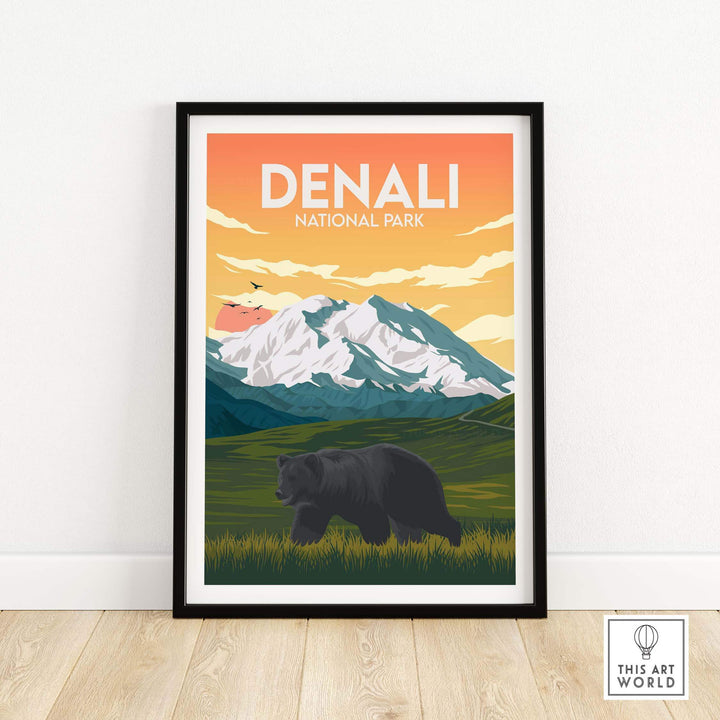 Framed Denali National Park poster featuring a bear and mountains, showcasing minimalist travel art.