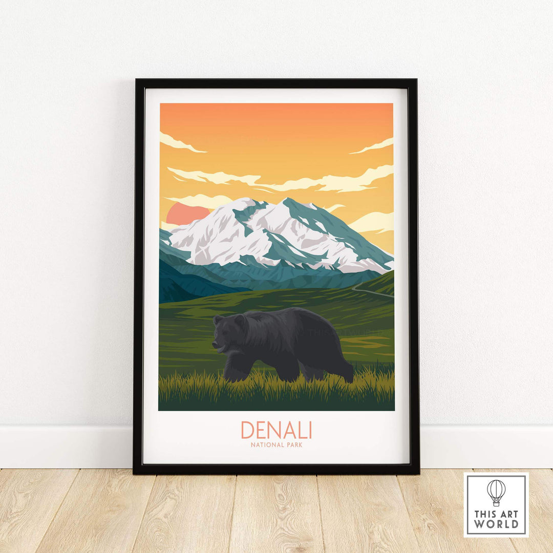 Art print of Denali National Park featuring a bear and mountains, ideal for nature-inspired home decor.