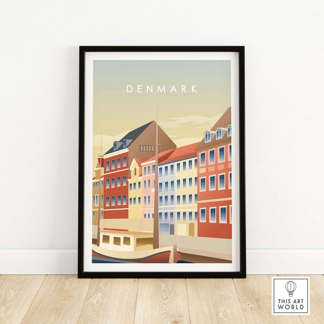 Framed Denmark wall art poster featuring colorful buildings and boats, inspired by vintage travel posters.