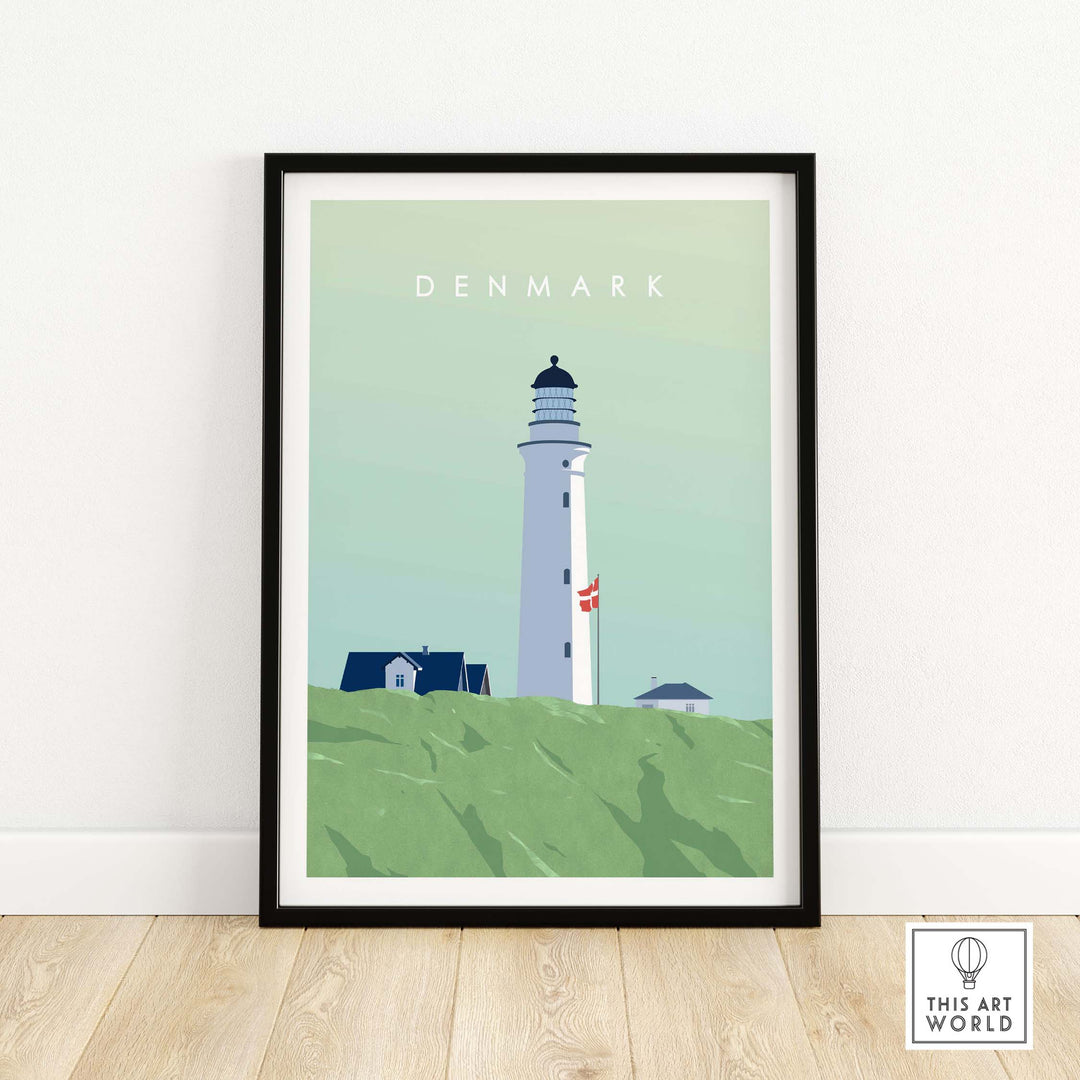 Denmark Print Wall Art Poster featuring a lighthouse surrounded by greenery, ideal for home or office decor.