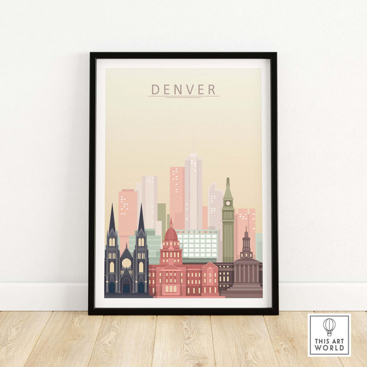 Framed Denver Skyline Print showcasing iconic buildings in warm pastel tones, perfect for home or office decor.