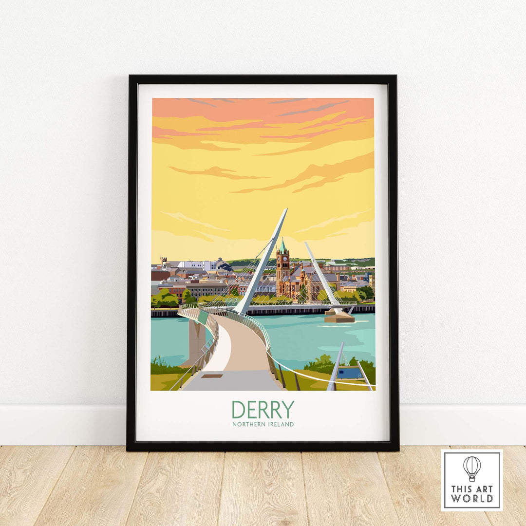 Derry Print Northern Ireland poster featuring the iconic Peace Bridge and vibrant skyline.