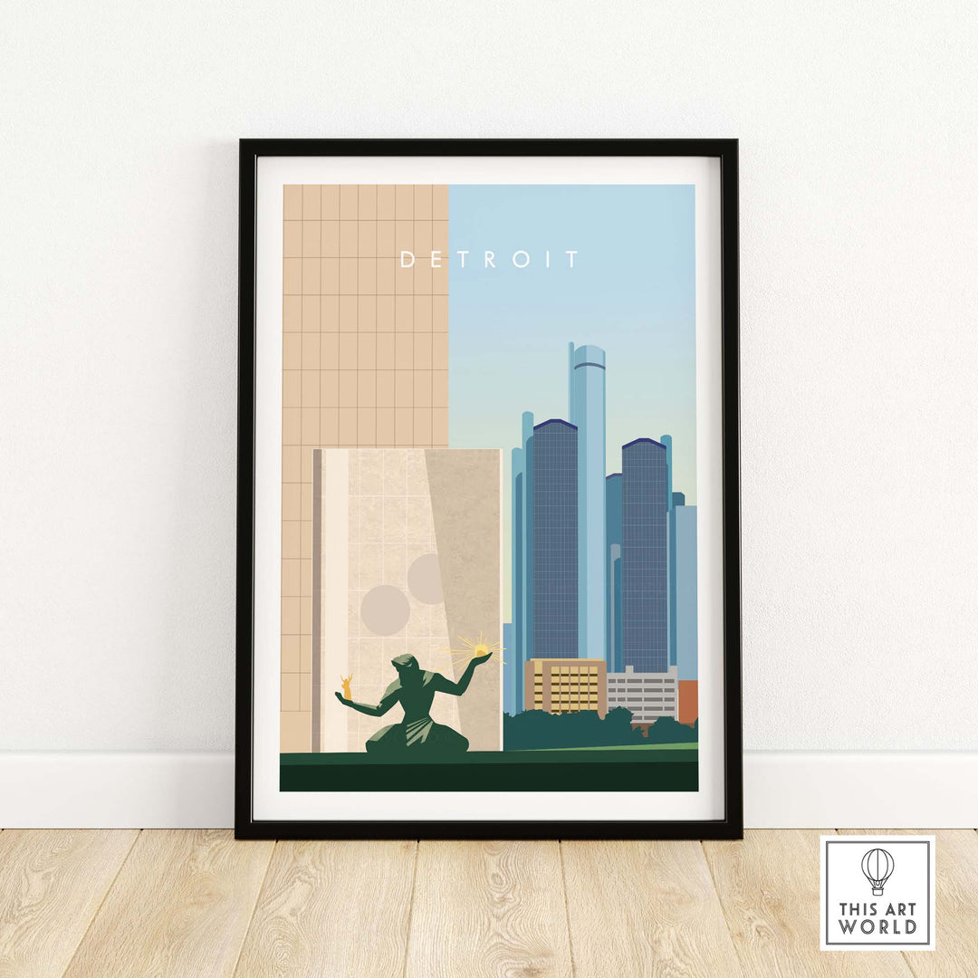 Detroit travel poster print featuring city skyline and iconic monument in minimalist design, framed on a light wood floor.