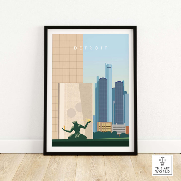 Detroit travel poster print featuring city skyline and iconic monument in minimalist design, framed on a light wood floor.
