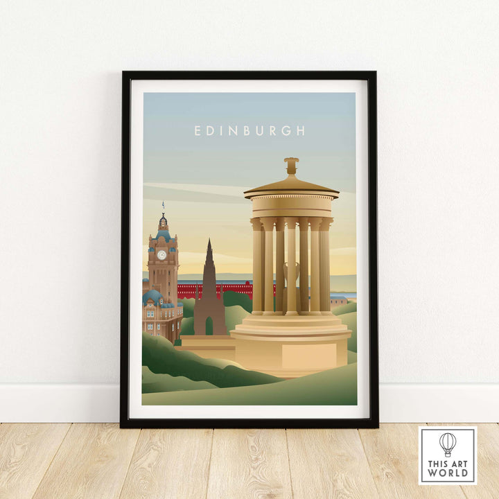 Framed Edinburgh Wall Art Poster showcasing iconic city landmarks in vintage style.