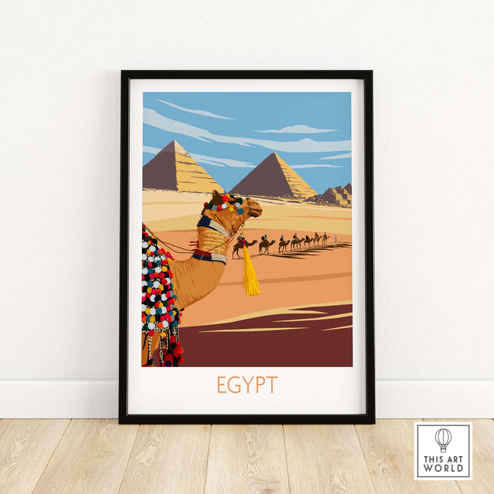 Stylish Egypt poster wall art print featuring a colorful camel and pyramids in a minimalist design.