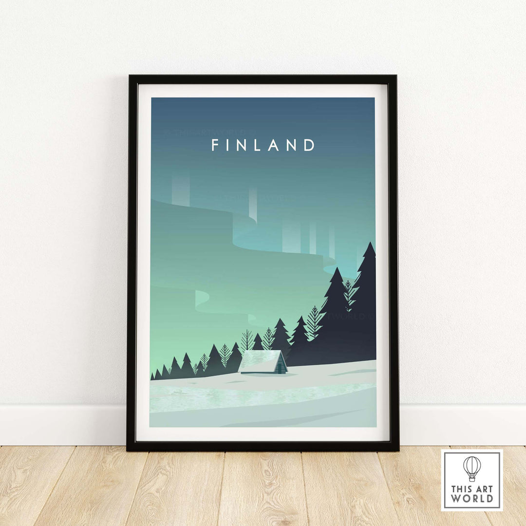 Finland Print Wall Art Poster featuring Northern Lights and minimalist design, perfect for home or office decor.